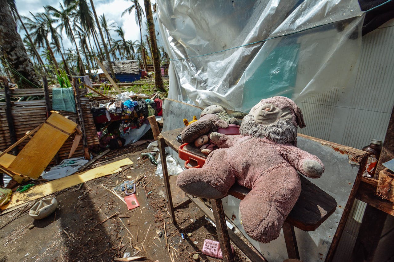 Teddy bears and toys scattered among storm debris, highlighting the impact of natural disasters.